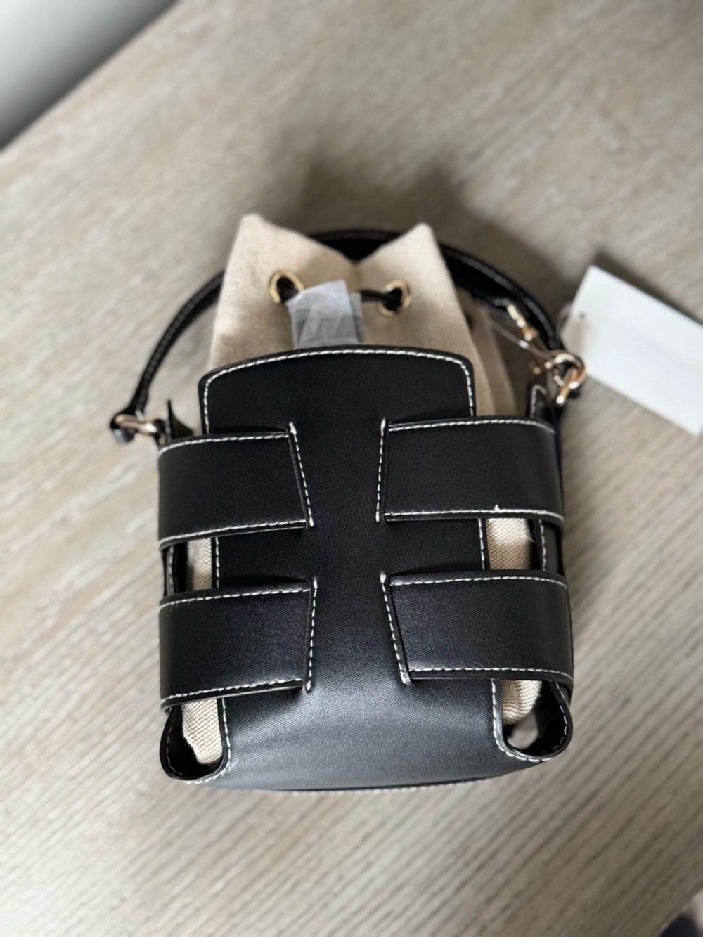 Black Leather Cage Bucket Bag with Canvas Insert